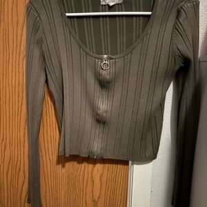 Pink Republic Dark Olive Ribbed Long Sleeve Top